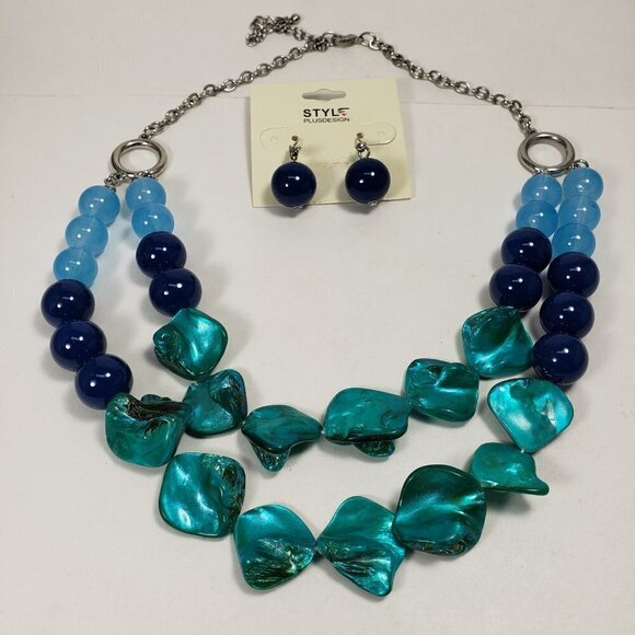 Layered Colorful Round & Shell Beaded Necklace & Earrings Set, Silver Jewelry - Picture 3 of 9